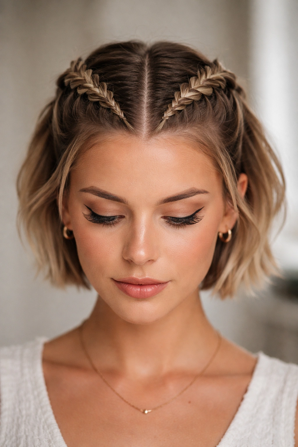 Symmetrical double Dutch braids forming a crown on a short hairstyle.