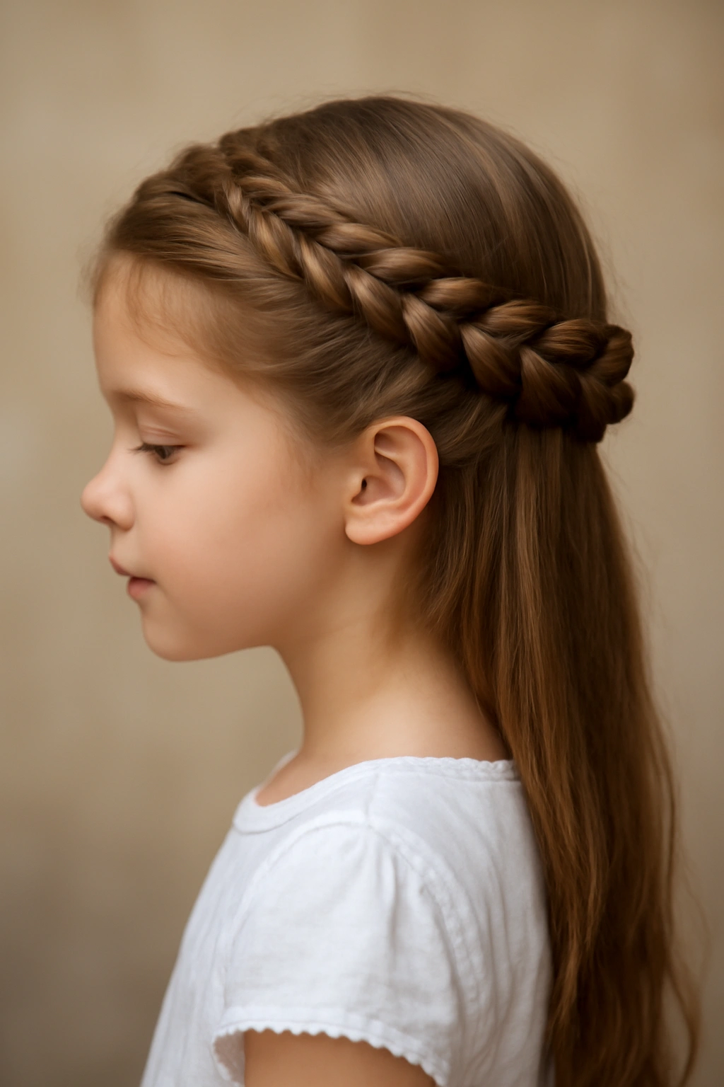 Close-up of a child with two parallel Dutch braids forming a double halo crown around the head