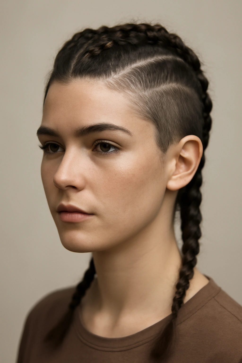 Two parallel center braids on short-to-medium hair, double mohawk