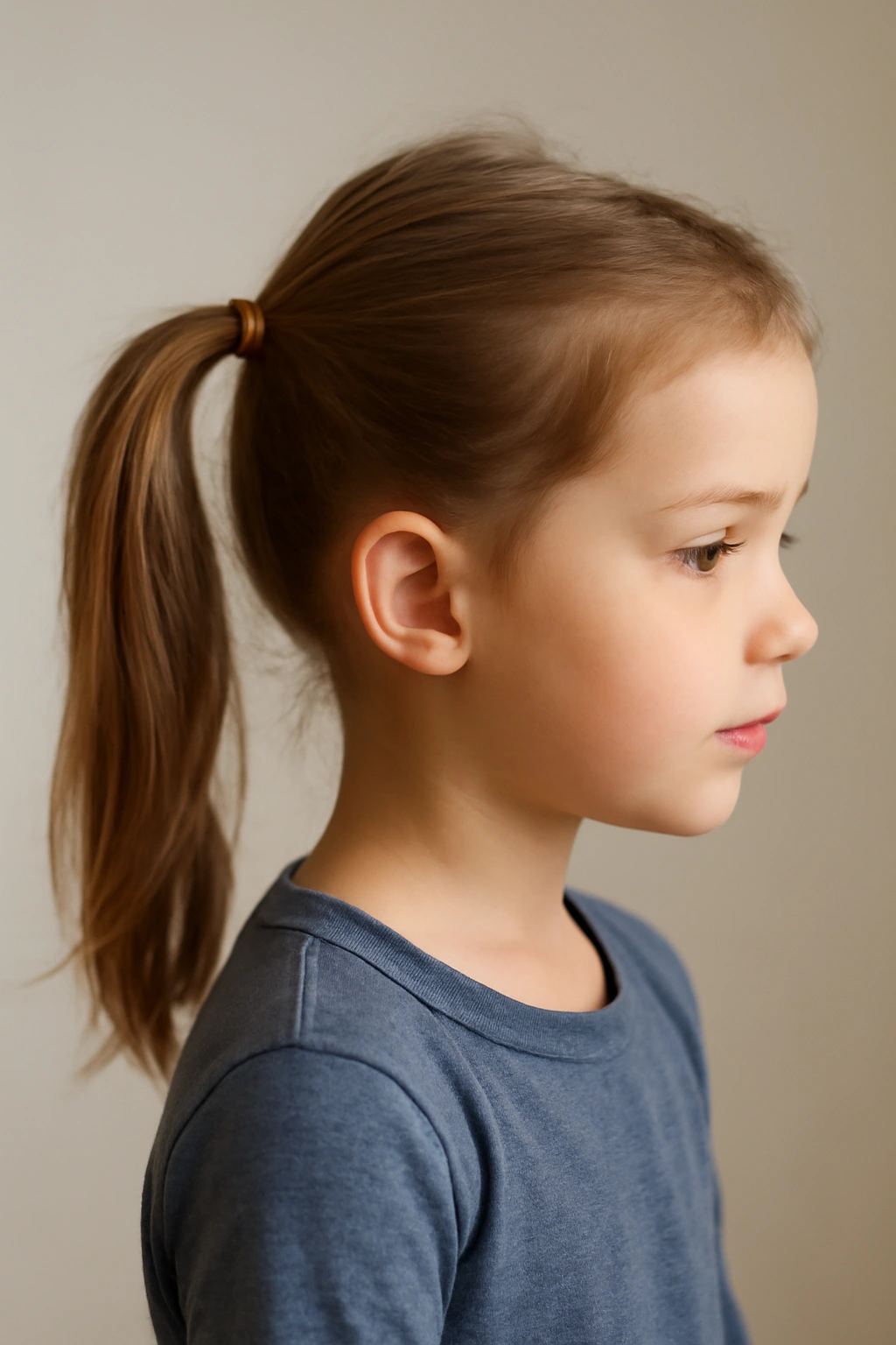 Child with two ponytails stacked vertically for added security