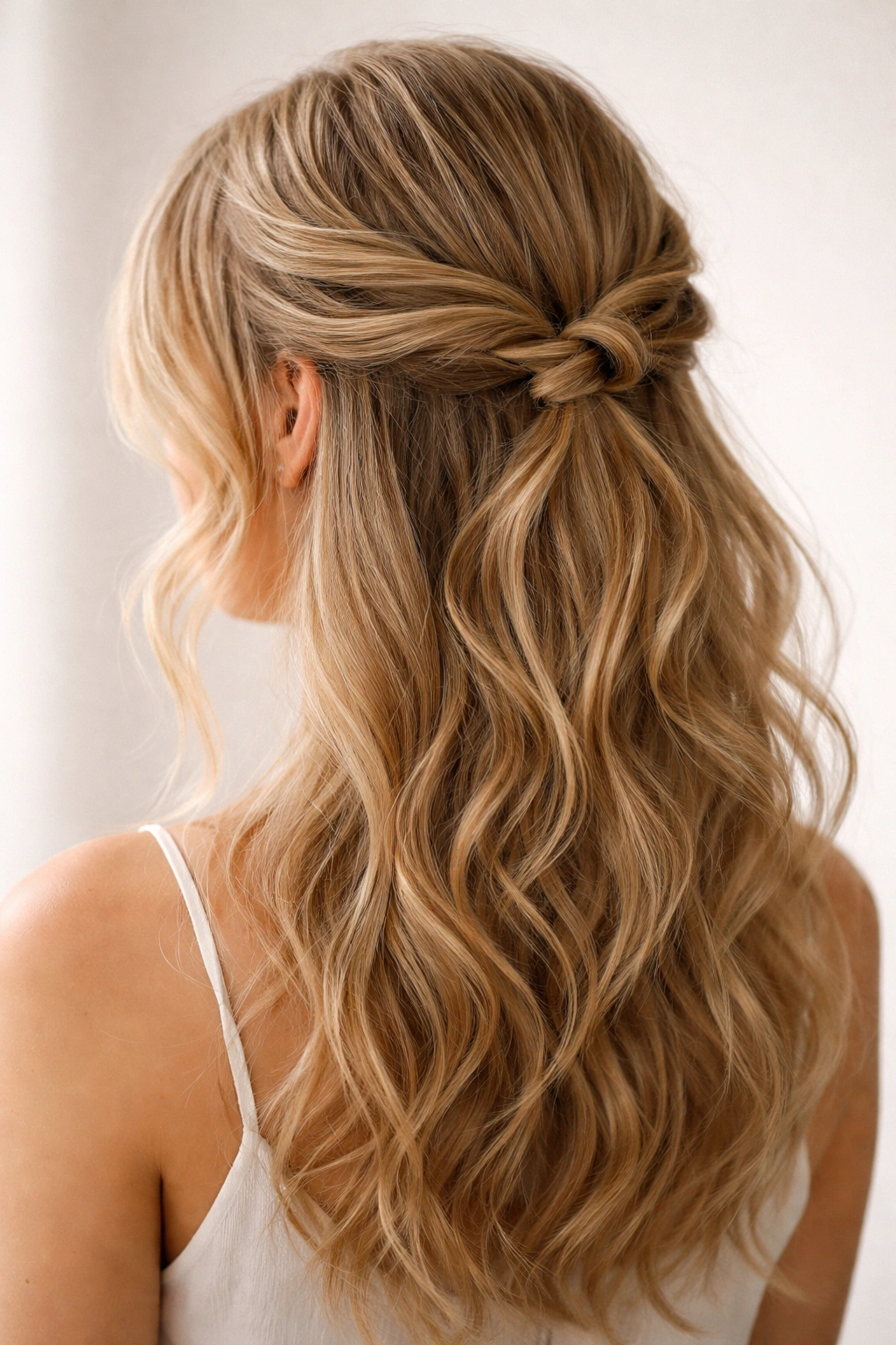 Double-twisted half-up hairstyle with texture knot on fine wavy hair