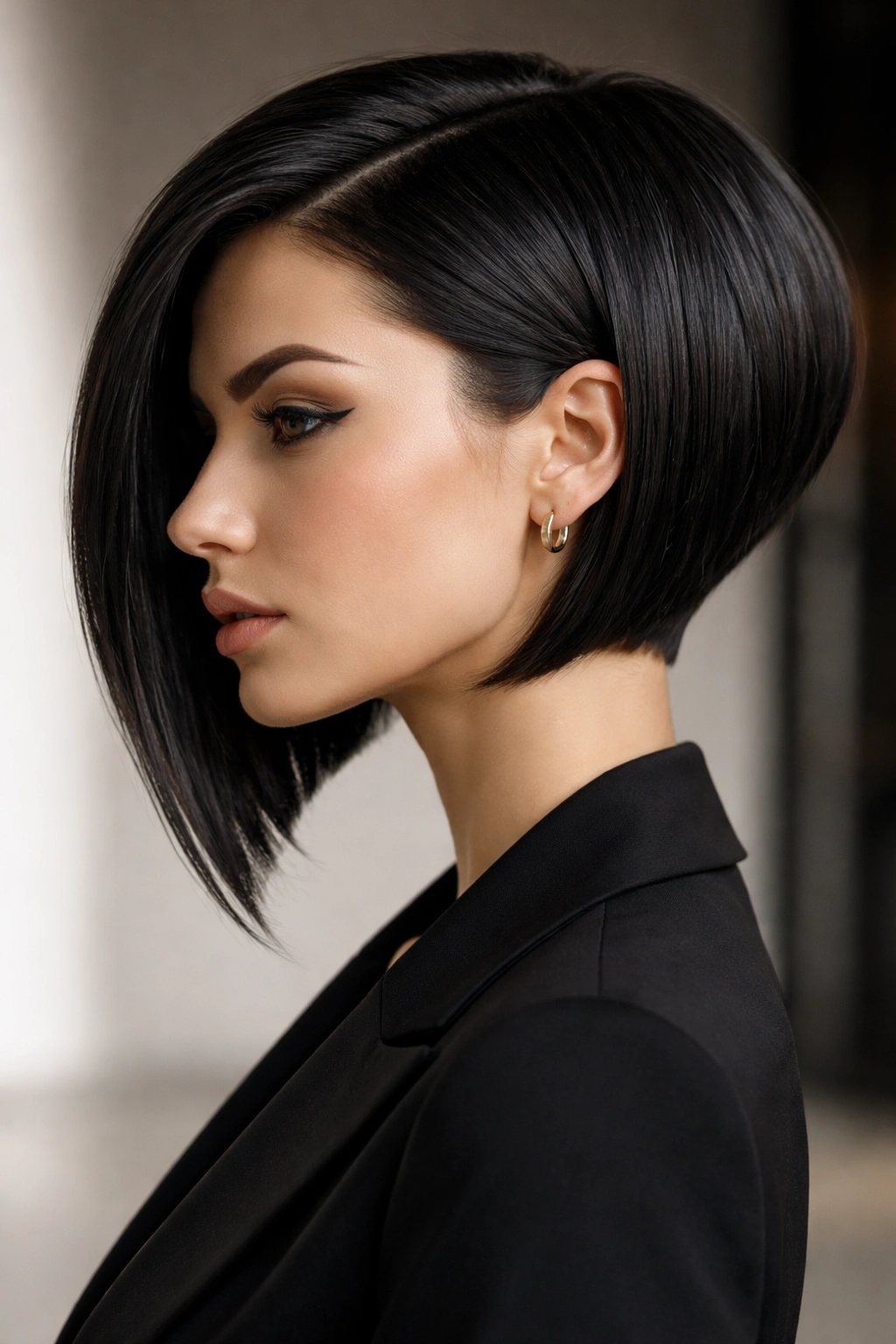 Dramatic short angle bob with extreme back length contrast