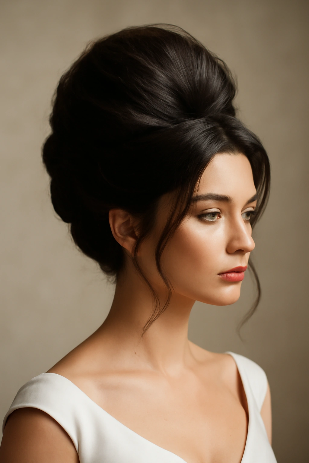 Close-up of bold architectural bridal updo with dramatic crown height and voluminous silhouette