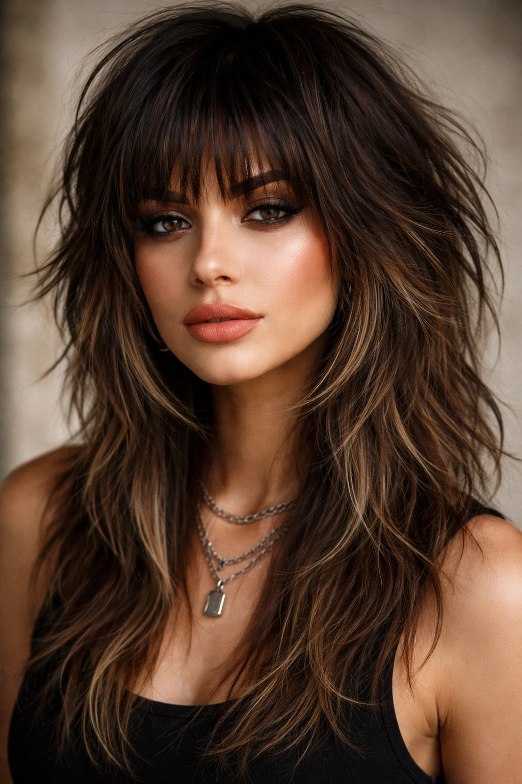 Portrait featuring a dramatic choppy fringe integrated with wolf cut layers.