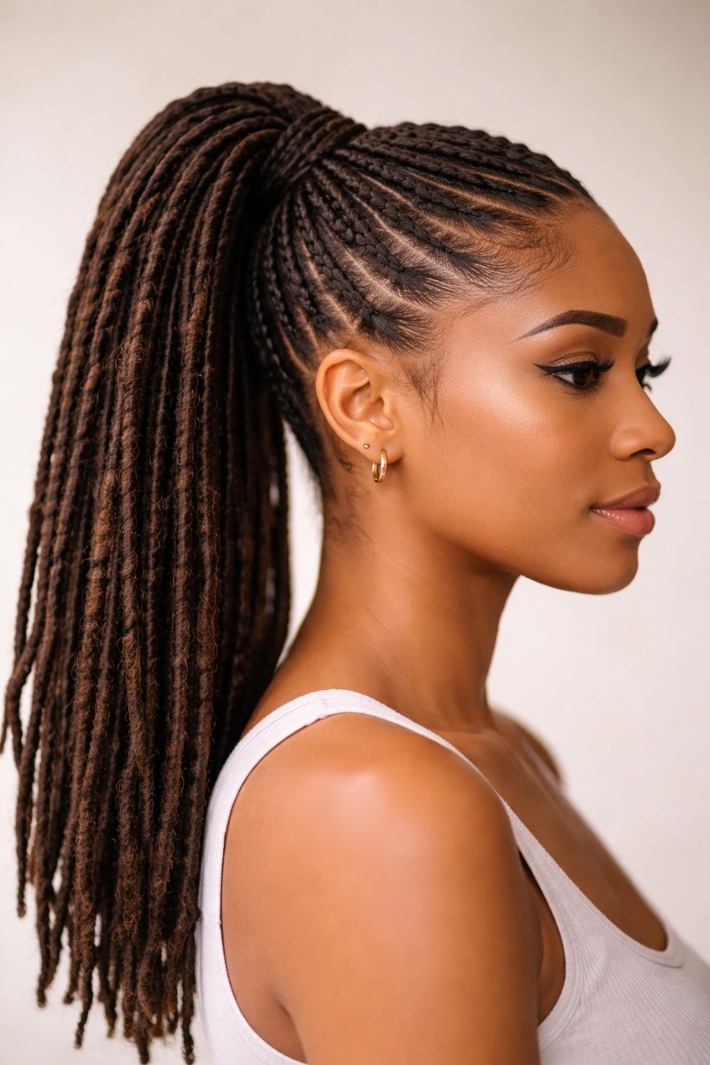 Close-up of a high dreadlock ponytail with defined locs