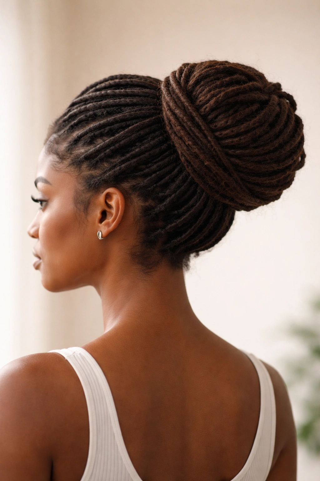 Back view of a secure dreadlock bun with a rounded silhouette