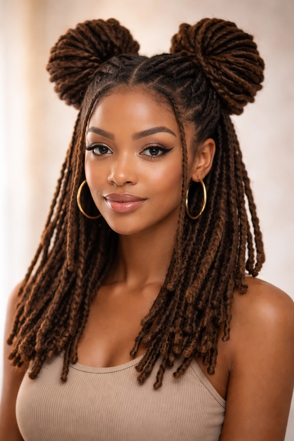 Two high dreadlock buns on top of the head