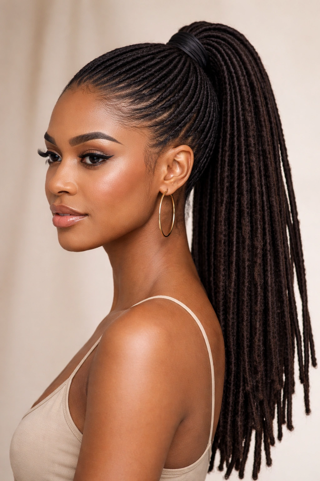 Close-up of a sleek high ponytail on dreadlocks with crown lift