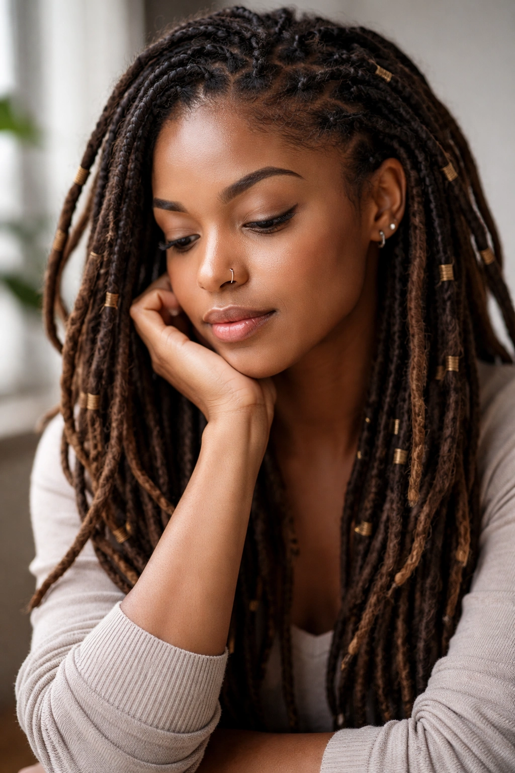 Contemplative portrait of a person with dreadlocks in a minimalist studio