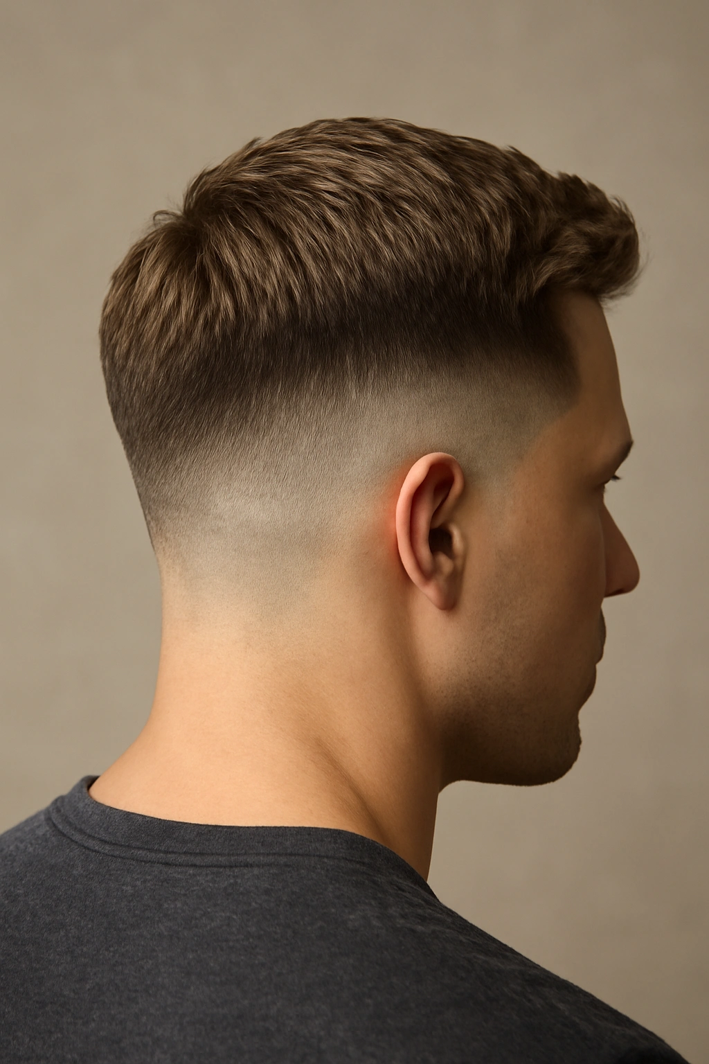 Drop fade with neutral bronde ombre showing curved back fade.