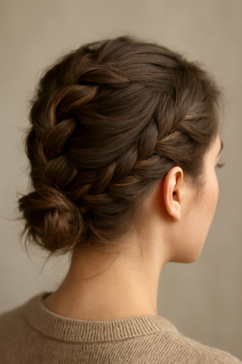 Crown Dutch braid flowing into a small bun at the base of short hair