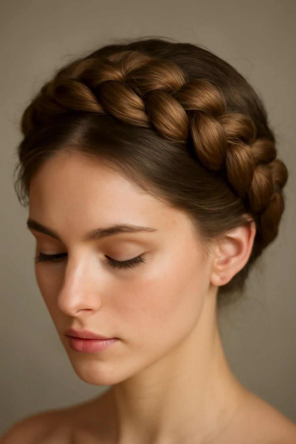 Close-up head with a circular Dutch braid crown around the scalp, showcasing textured braids.