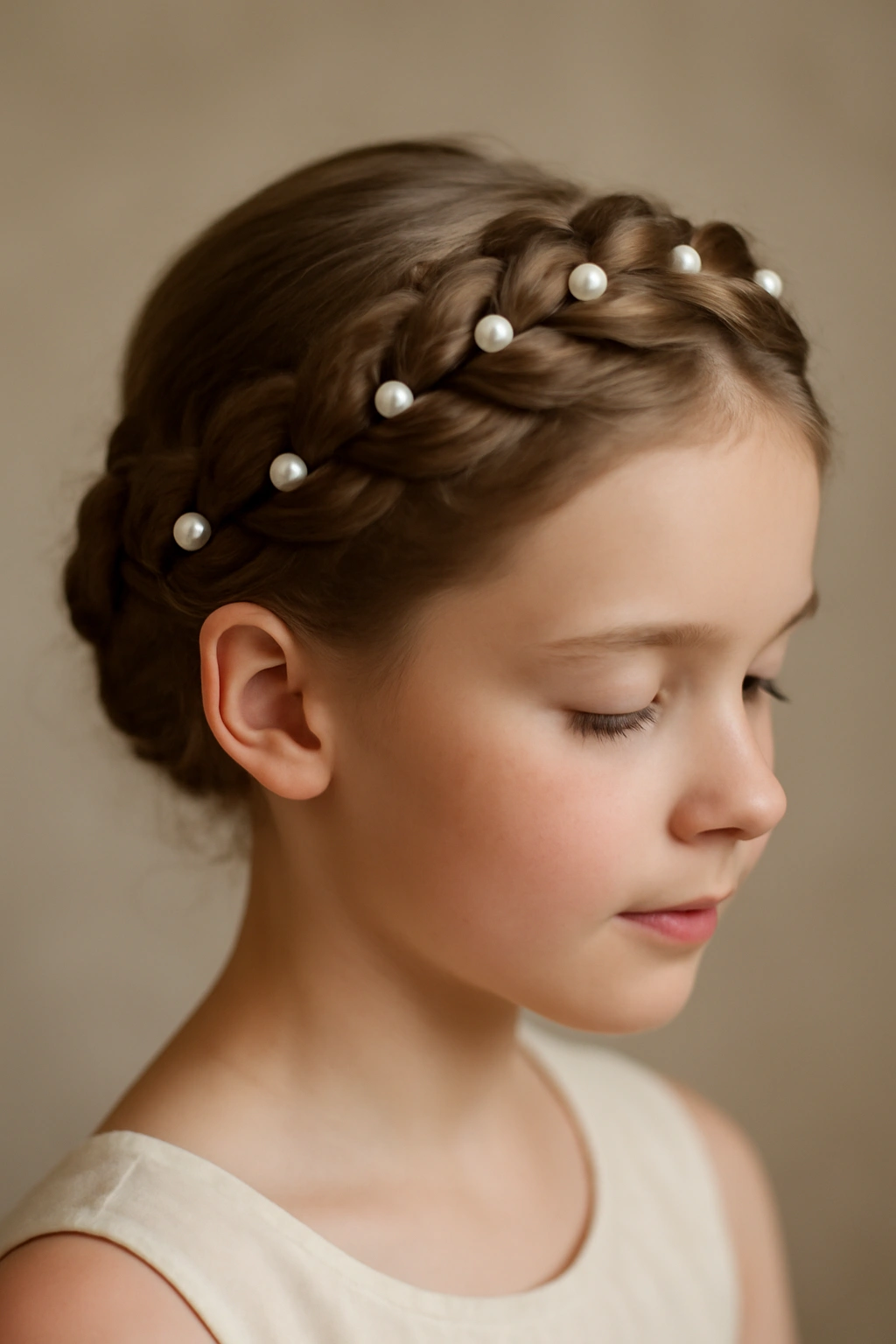 Flower girl with a raised Dutch braid crown and pearl pins along the braid