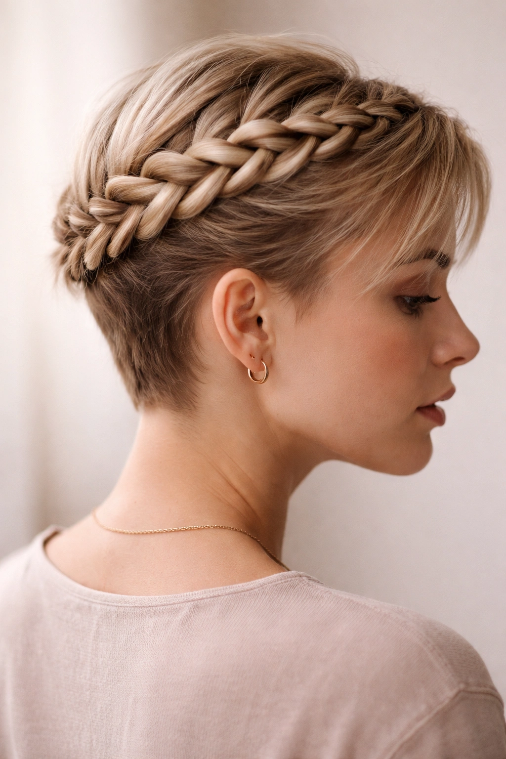 Close-up of a short pixie with a sleek Dutch braid crown across the crown showing texture