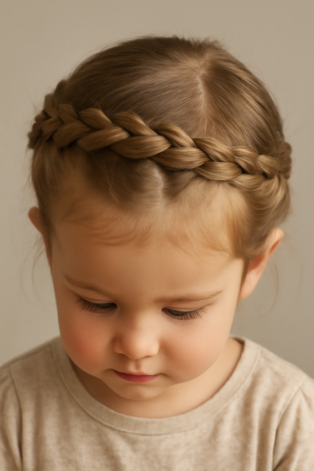 Close-up of a toddler head with a Dutch Braid Crown around the scalp