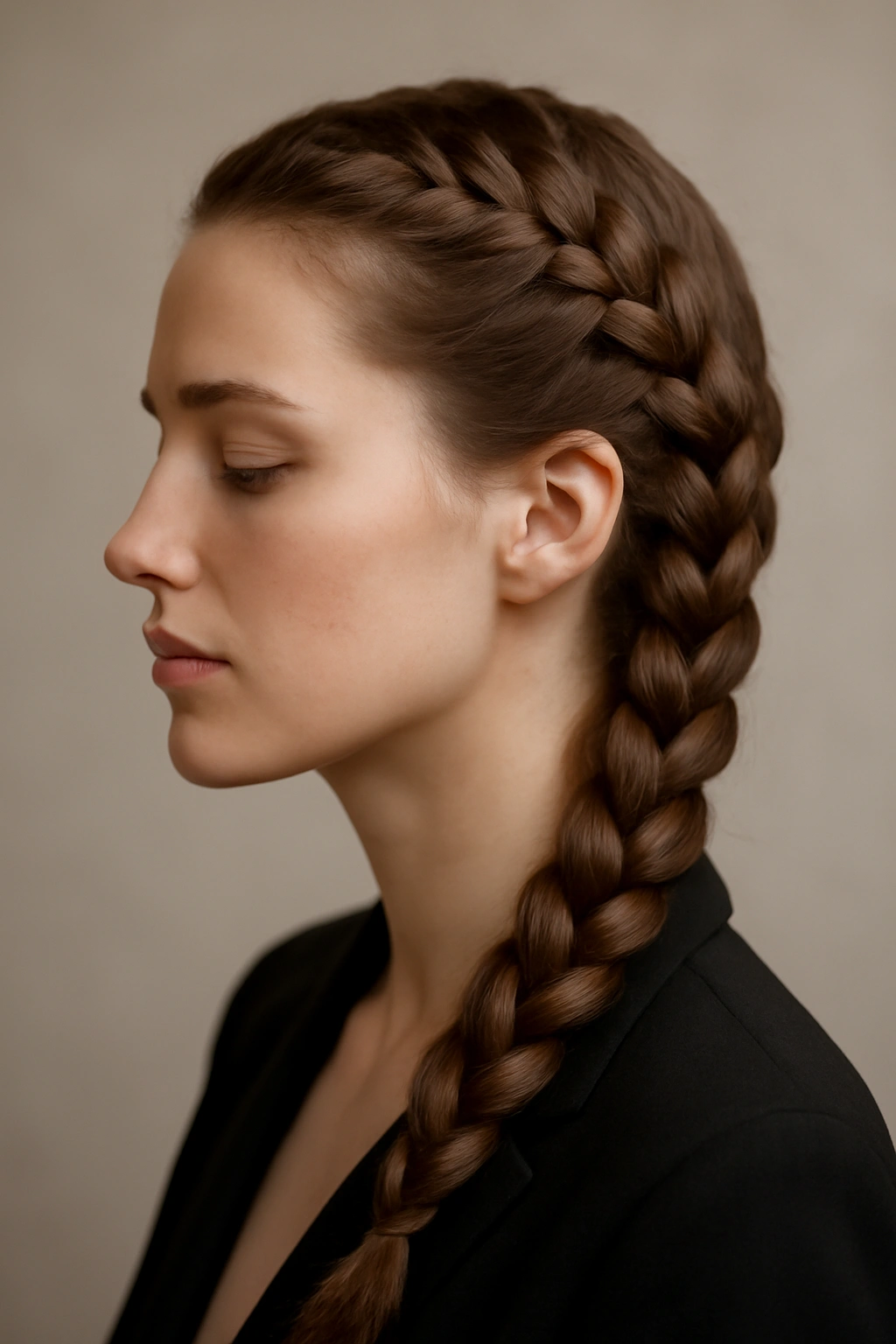 Close-up of a Dutch braid on a professional office-ready hairstyle
