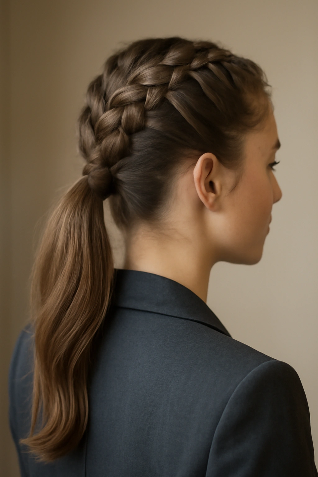 Dutch braid crown flowing into a ponytail for a polished look.