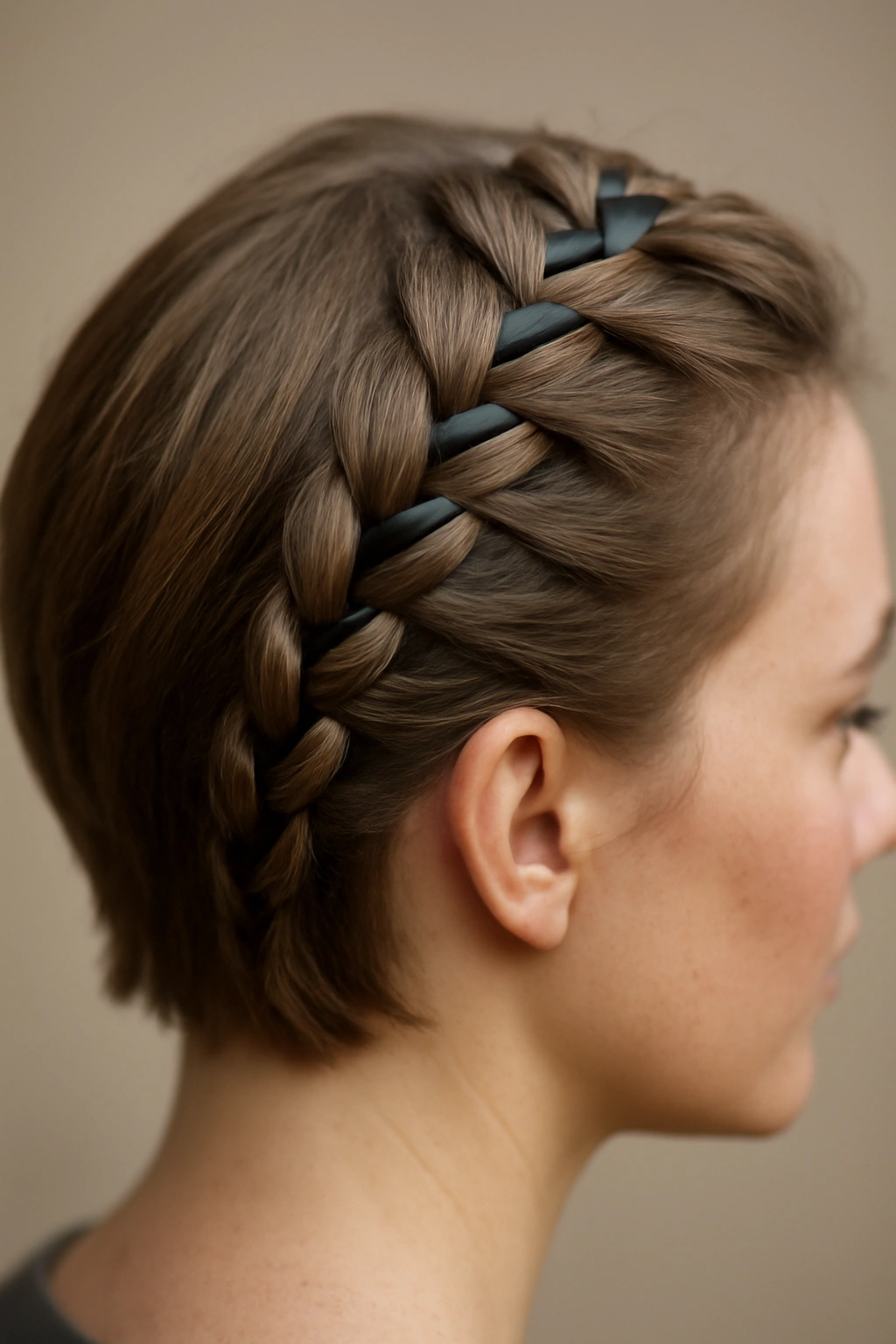Close-up of Dutch braid with ribbon woven through on short hair