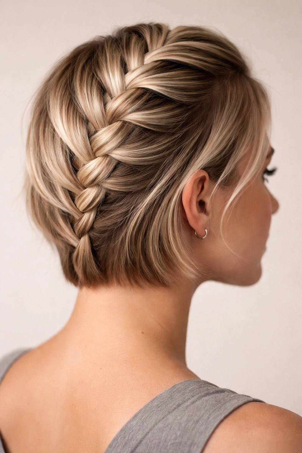 Raised Dutch braid along the hairline on short hair