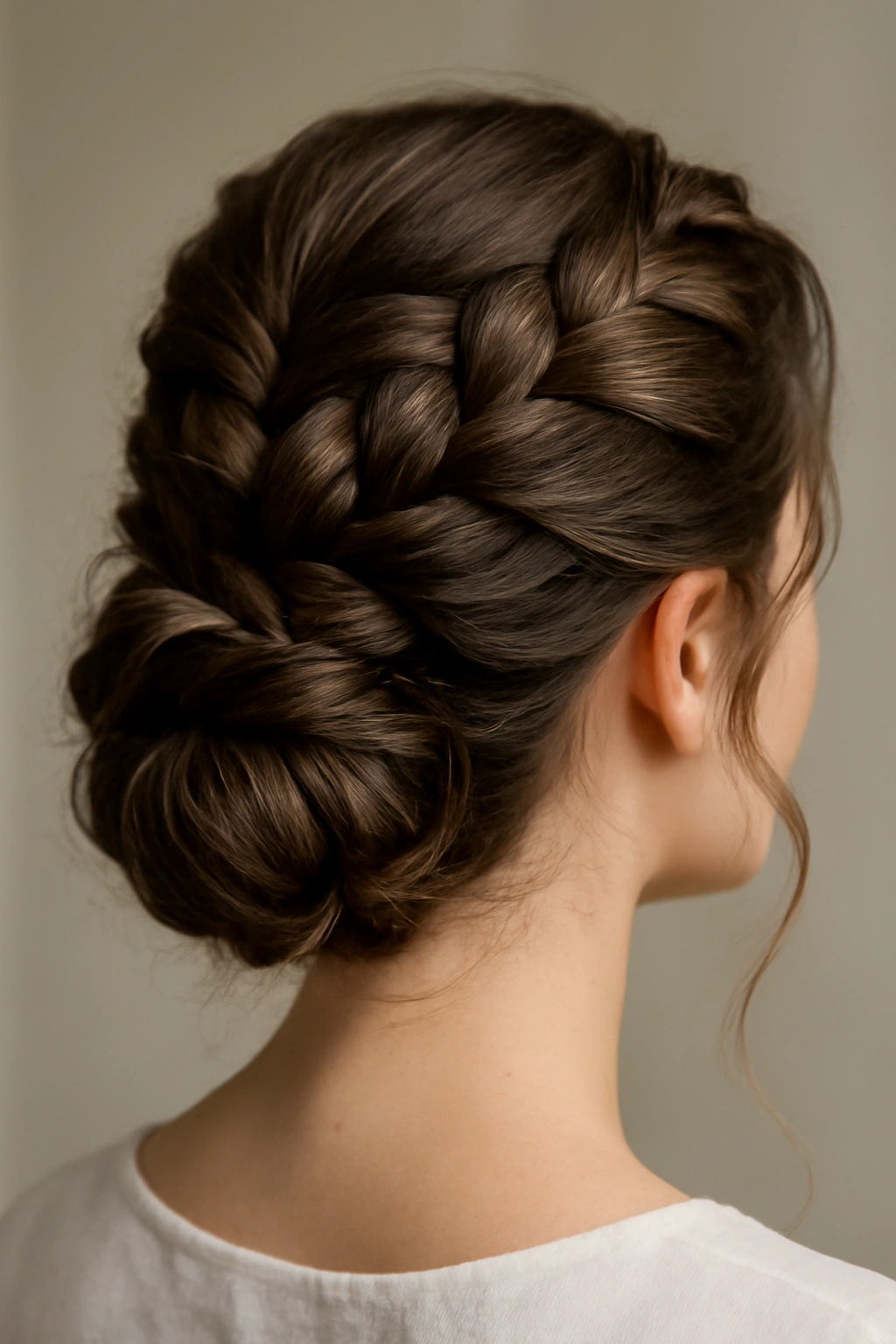 Thick hair styled into Dutch braid updo with raised braid