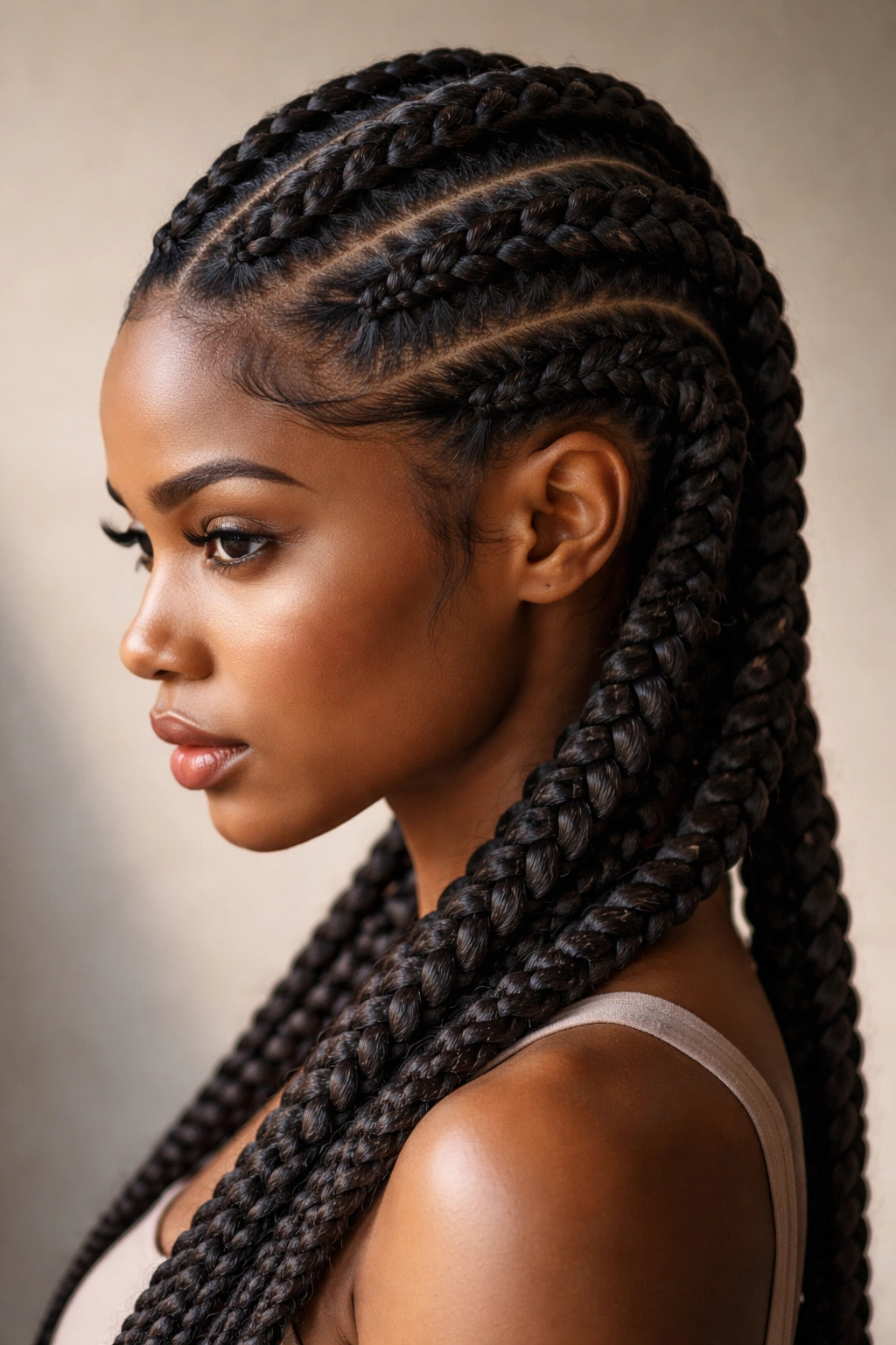 Three-quarter view of a person with raised Dutch braids along the scalp