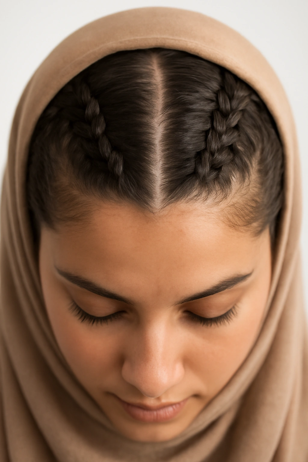 Dutch braids flush to scalp under hijab