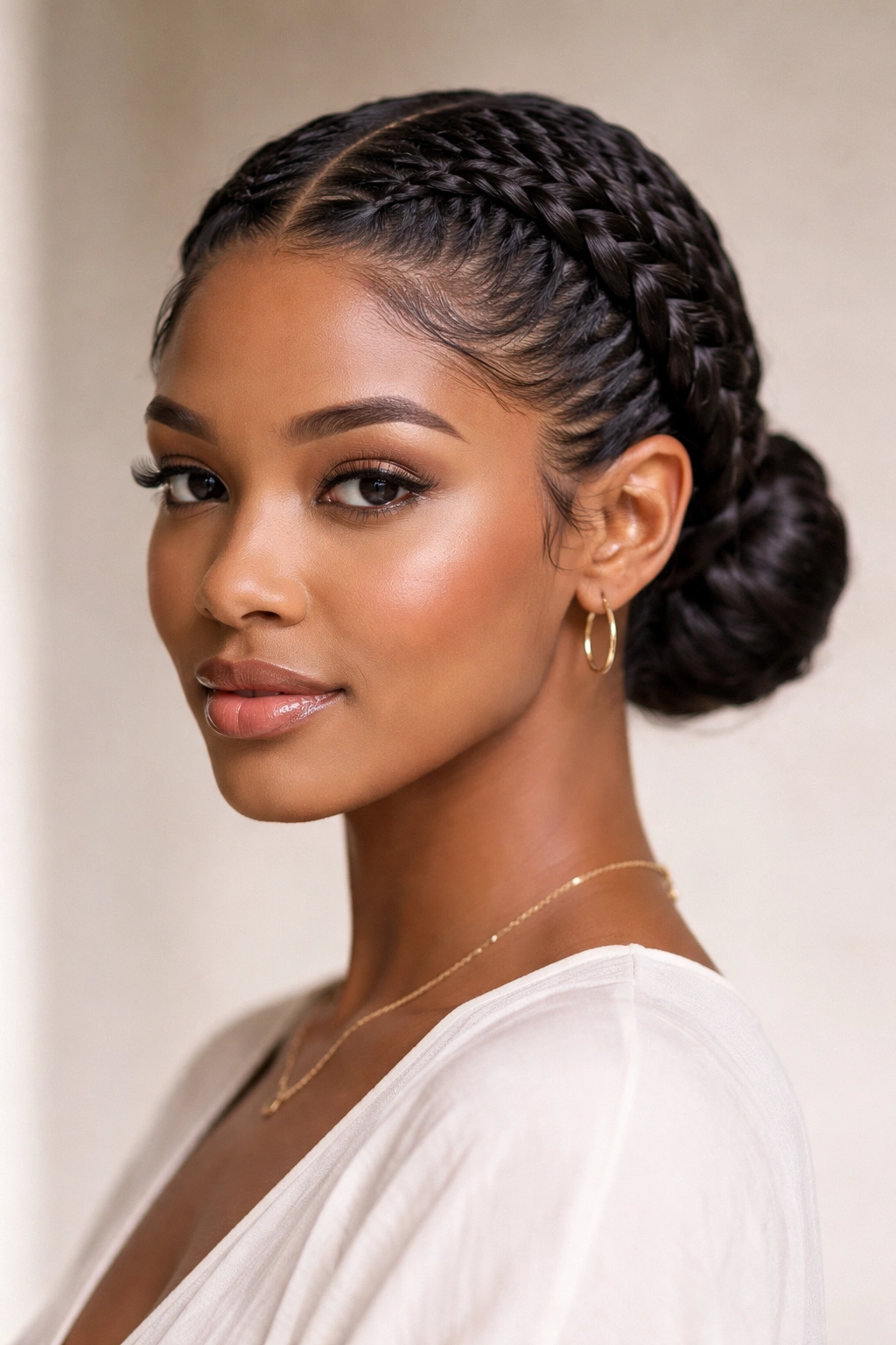 Front view of Dutch braids forming a low bun with raised texture