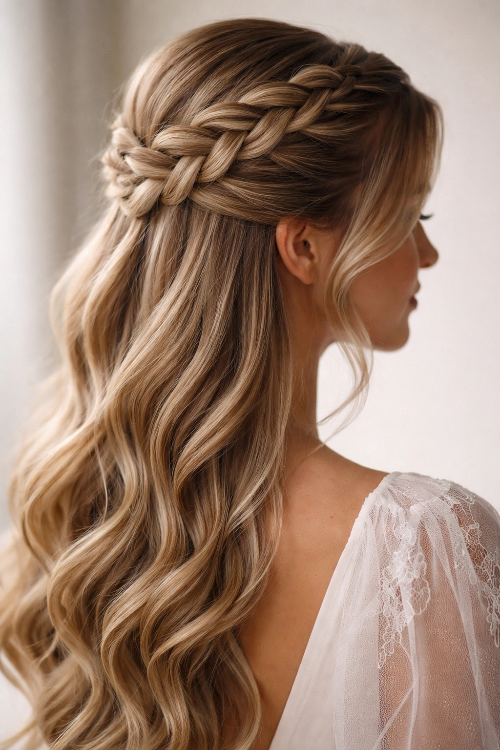 Close-up of a raised Dutch braid forming a formal half-up hairstyle