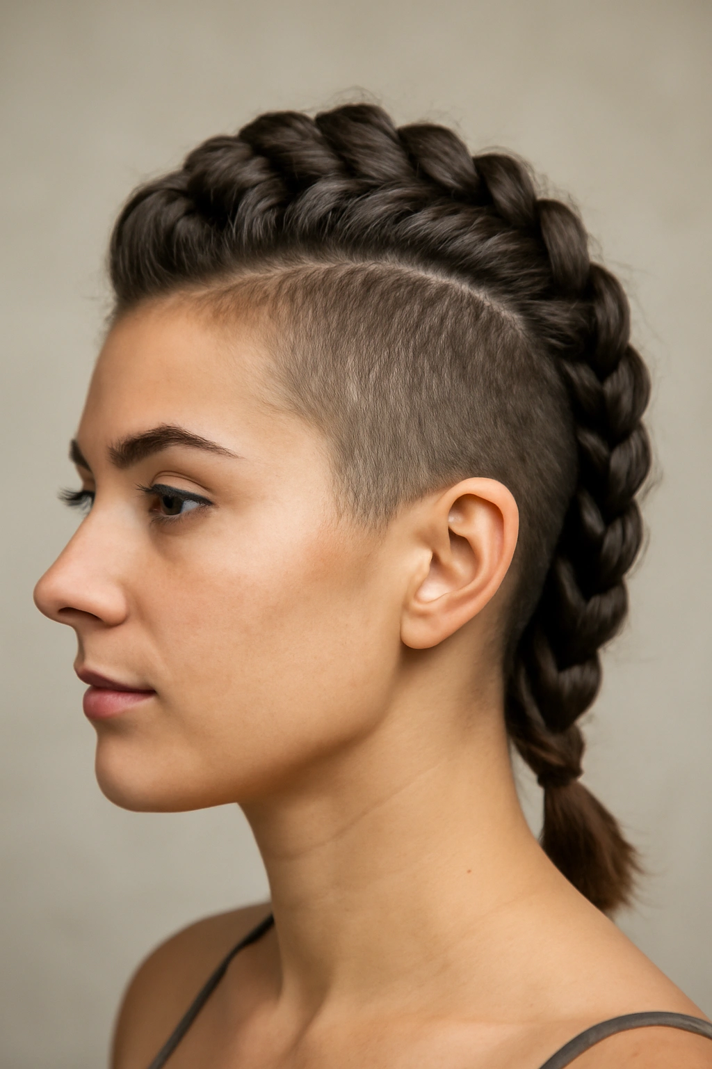 Dutch mohawk braid with raised 3D center braid along scalp