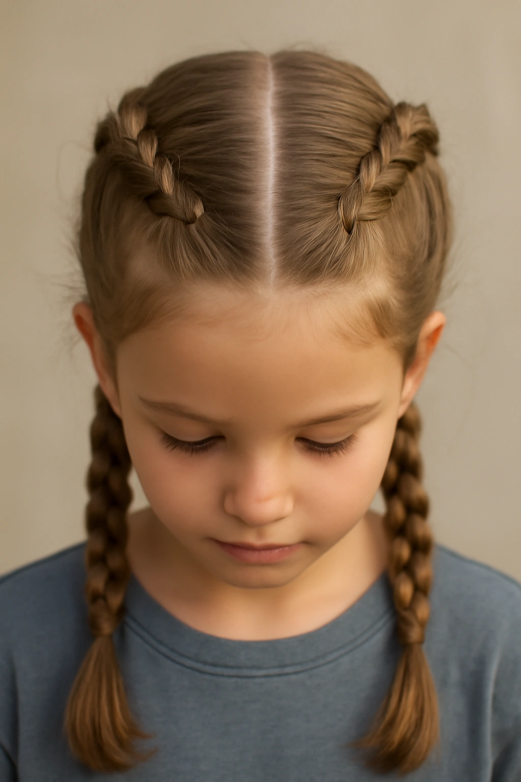 Front view of a child with two Dutch pigtail braids