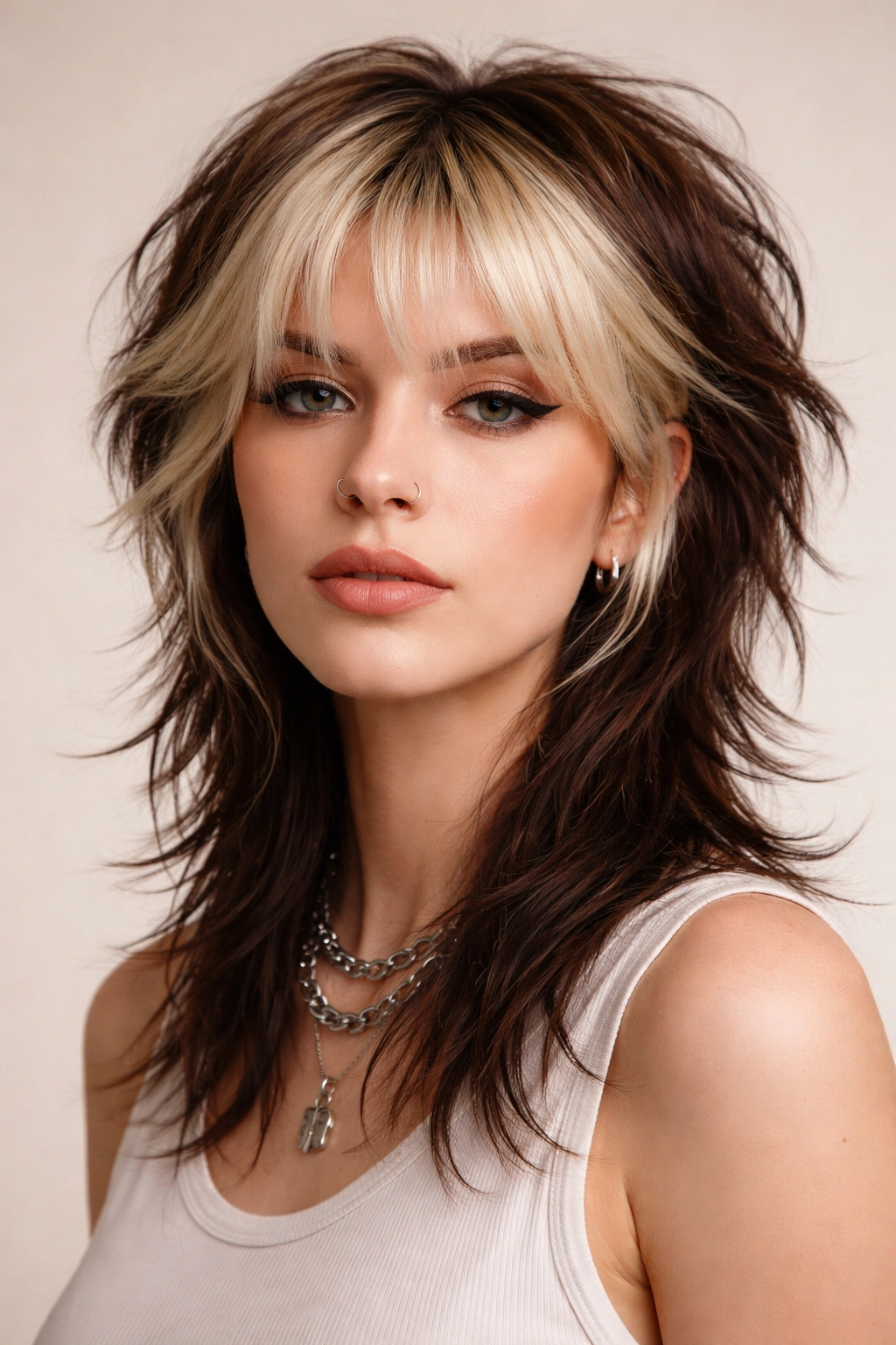 Dyed Contrast Mullet Shag with color-blocked front and back in studio portrait