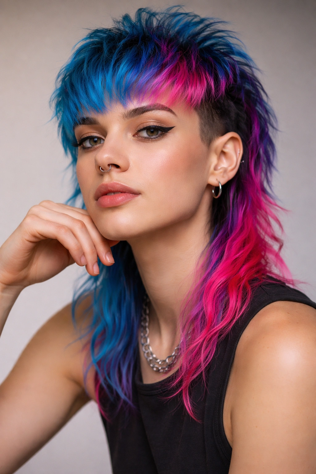 Close-up portrait of person with bold dyed mullet in electric blue and pink, studio lighting