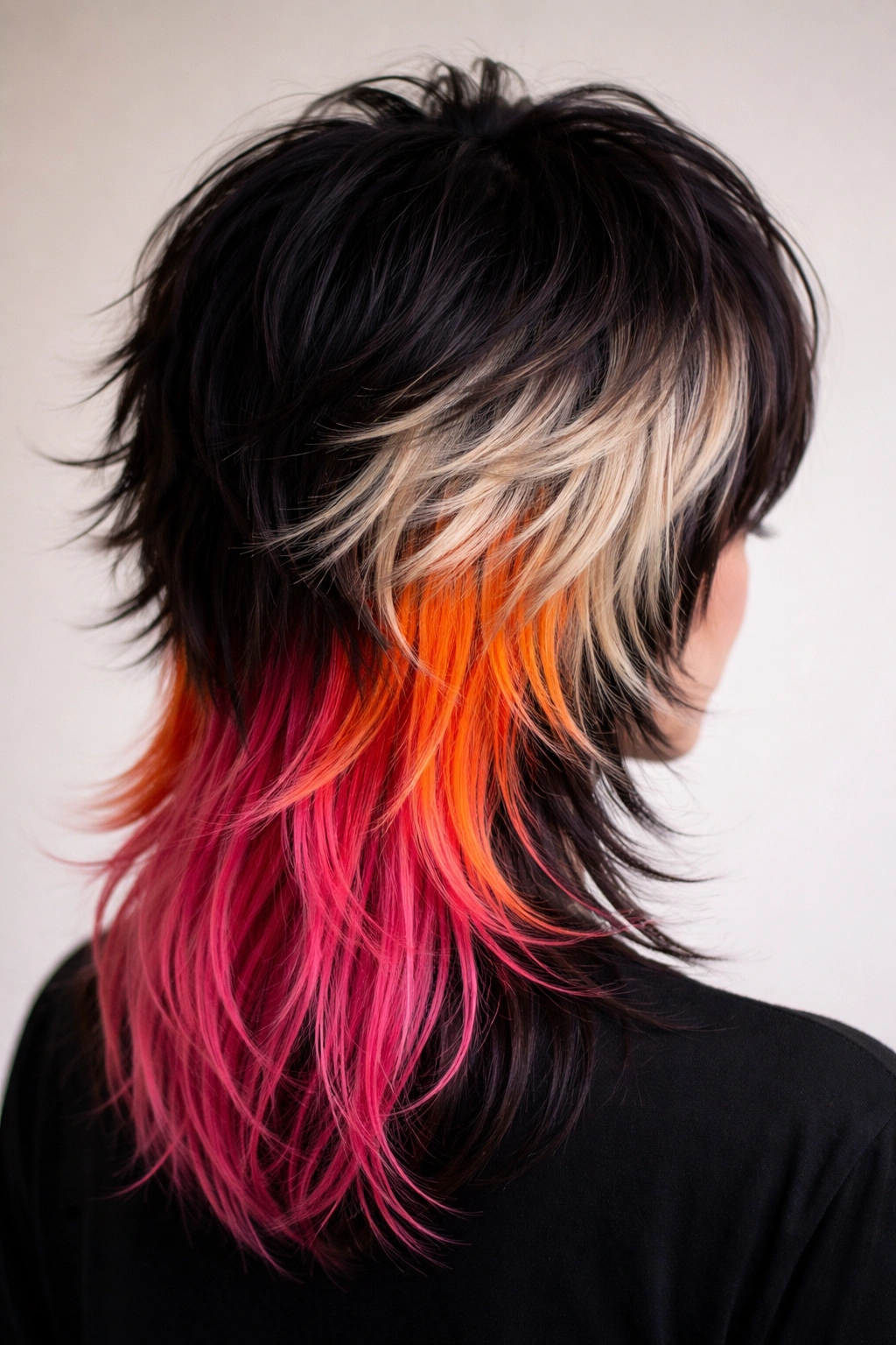Close-up of a dyed shullet with dark base, lighter layers, and bold back color.