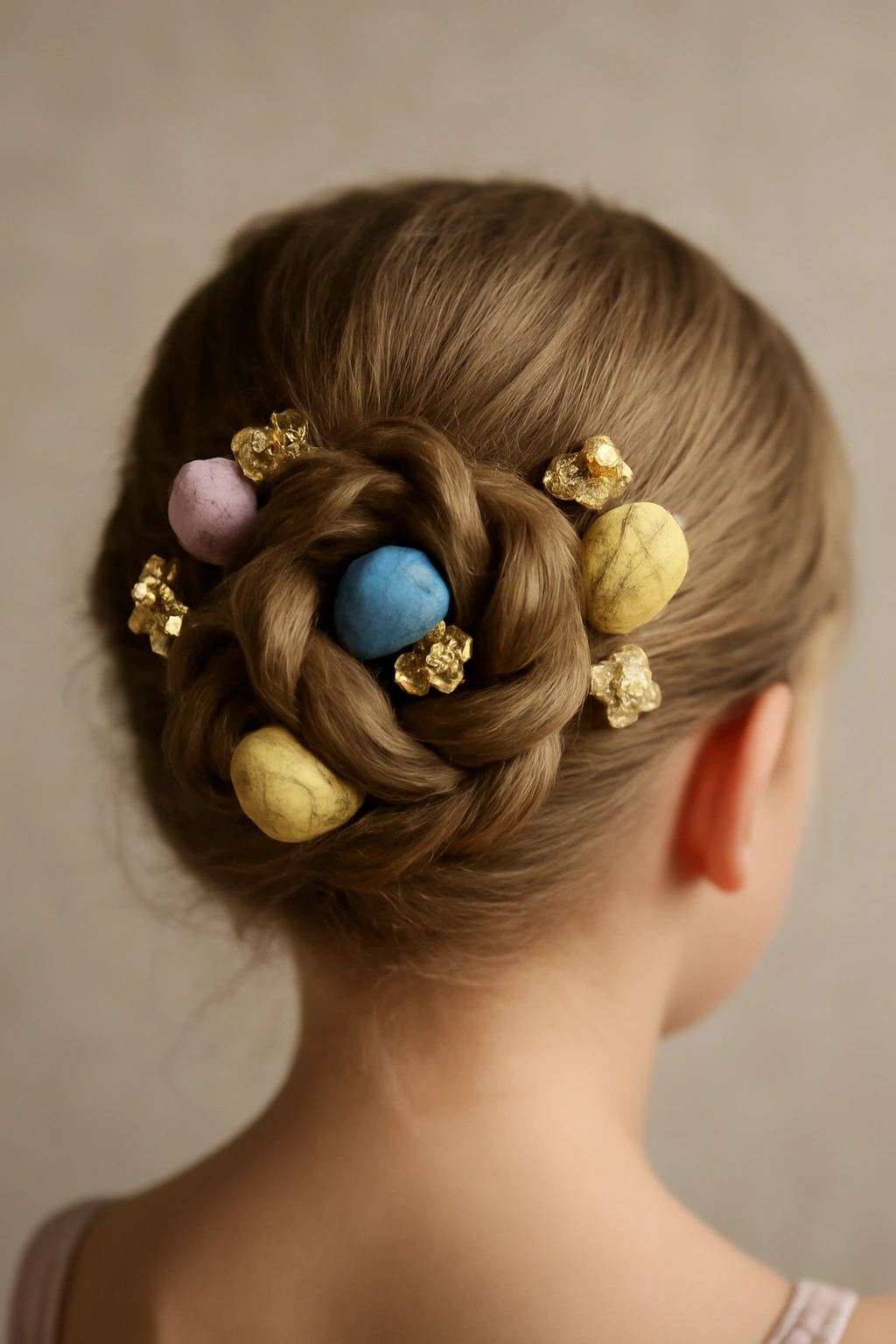 Twisted bun with decorative Easter eggs tucked in