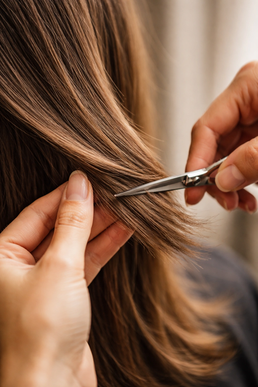 Close-up of hair blending with diagonal cuts to smooth edges