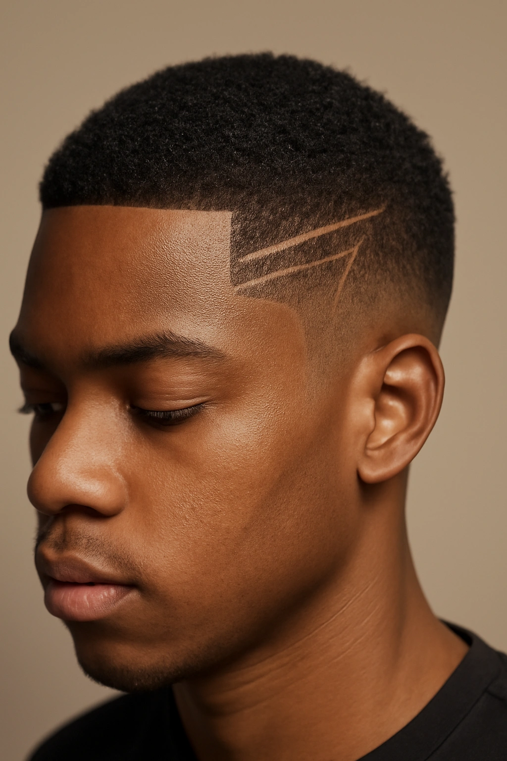 Close-up of a short fade with precise edge-up lines and patterns