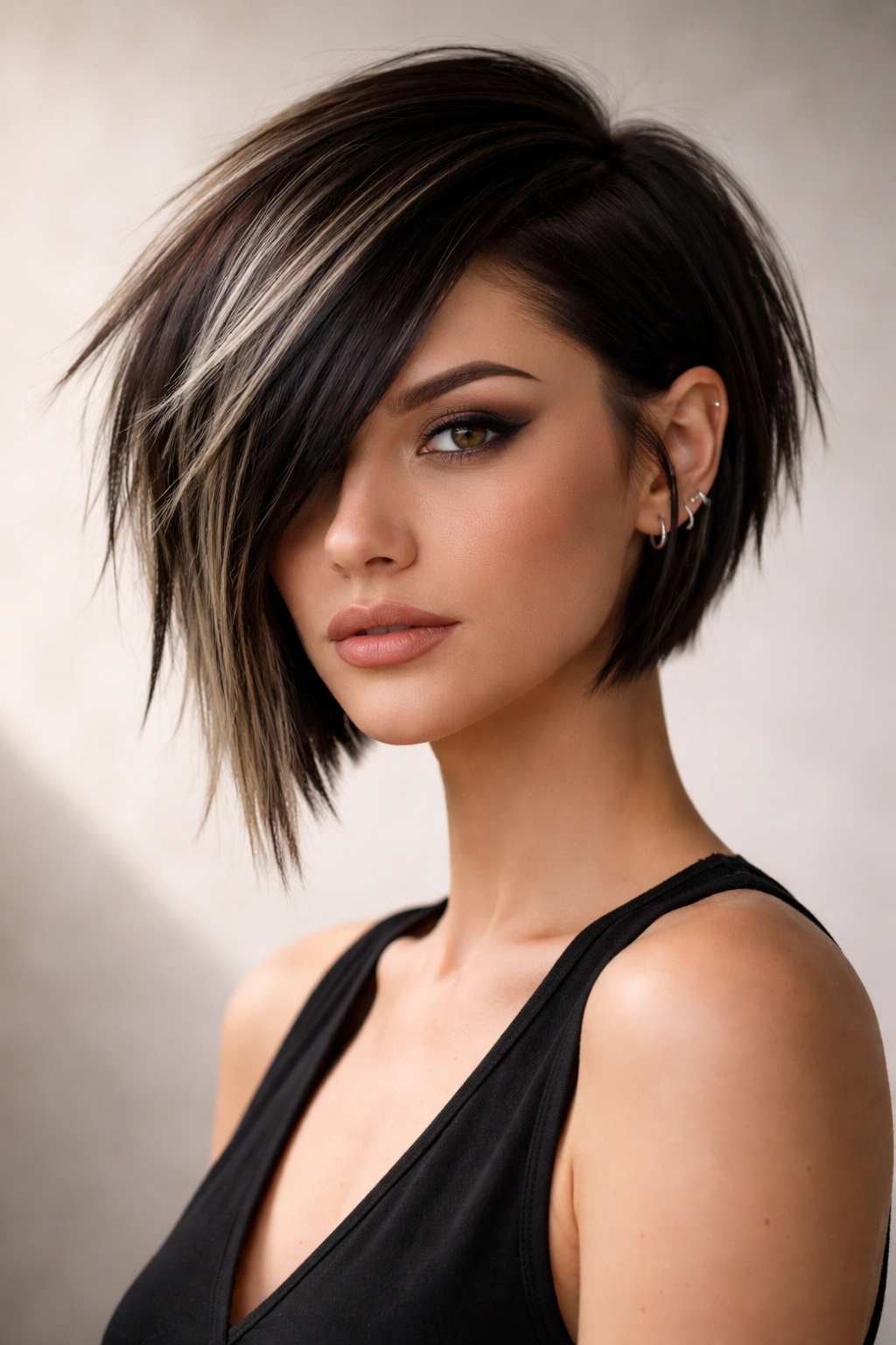 Portrait of a woman with a bold edgy bob under studio lighting, hair highlighted for texture