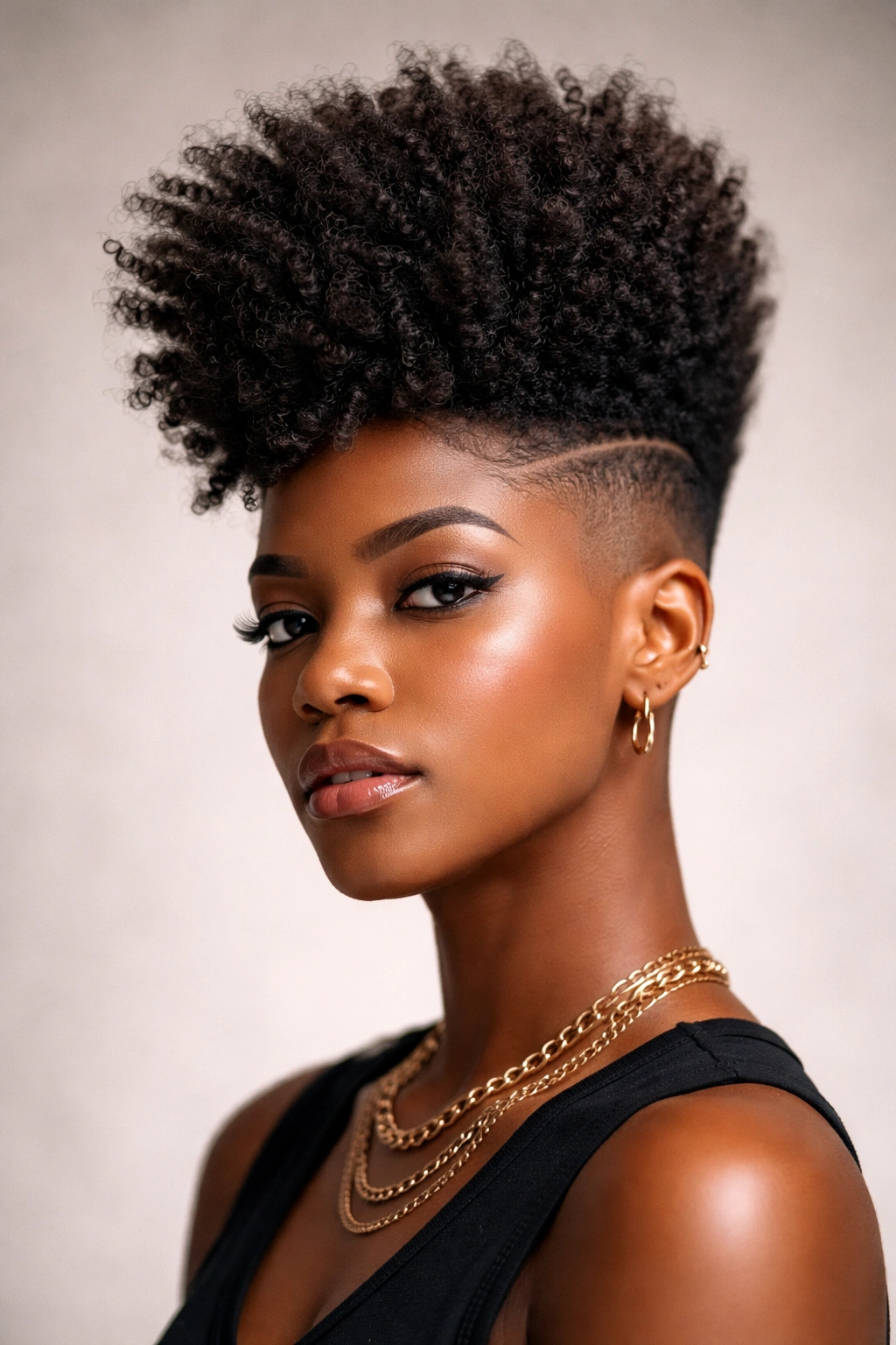 Portrait of The Edgy High-Top with full crown and faded sides on coily hair