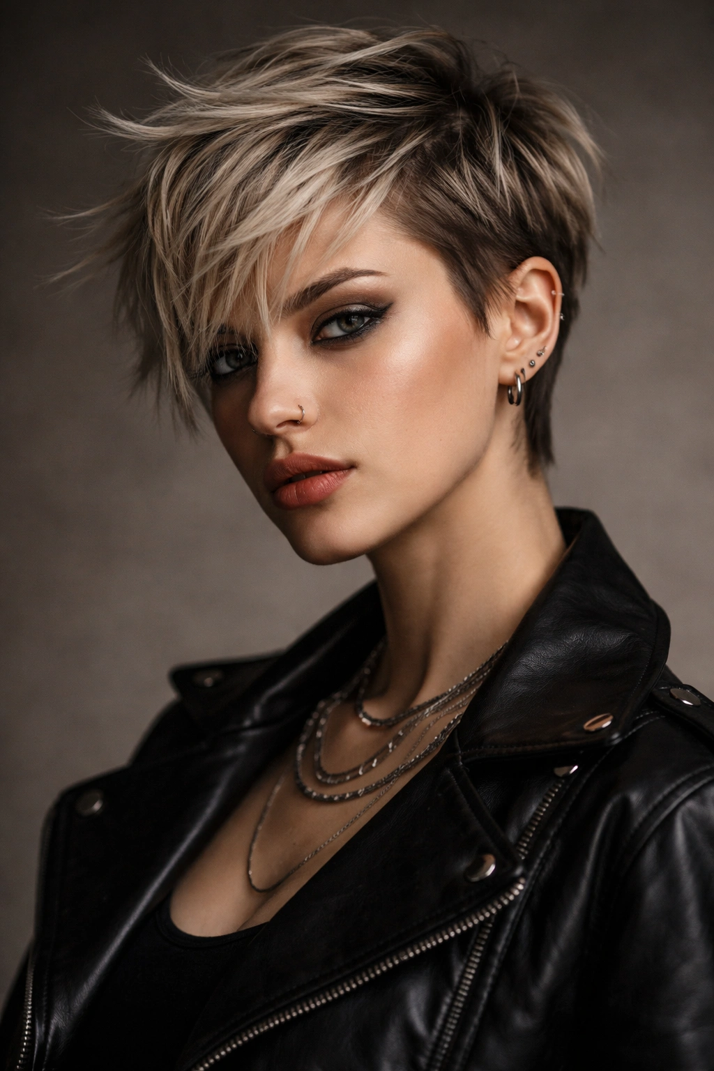 Editorial portrait embodying edgy pixie aesthetic