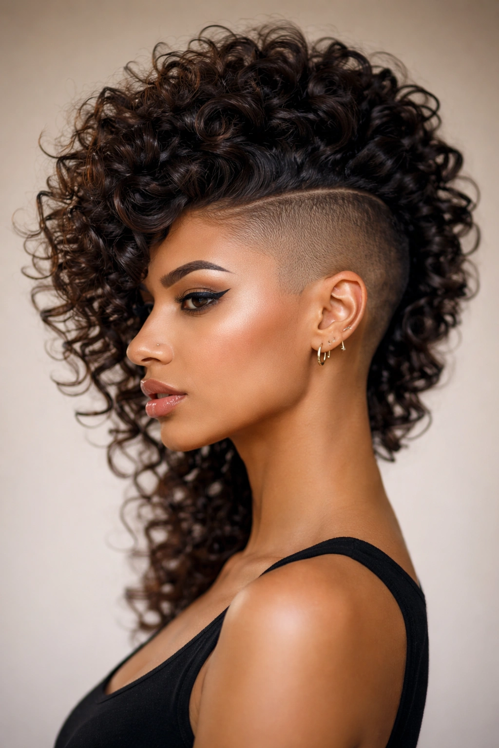 Edgy shaved sides with large 3D curls on top