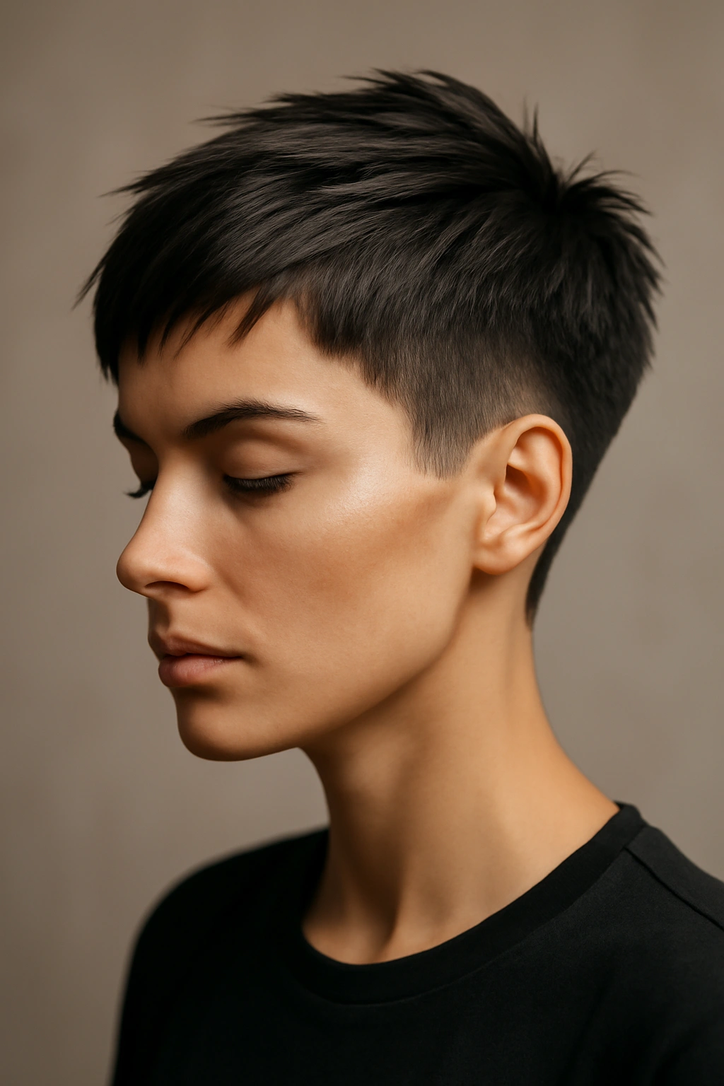 Close-up portrait of a person with a bold edgy short haircut in a studio setting
