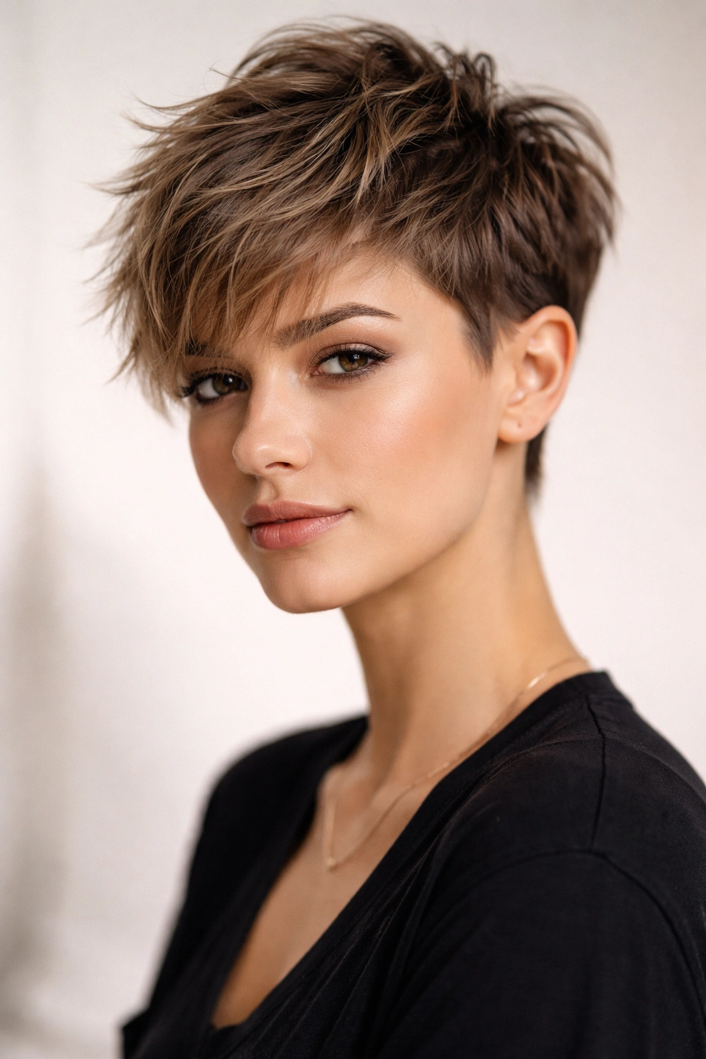 Portrait of a woman with an edgy short haircut in a minimalist studio