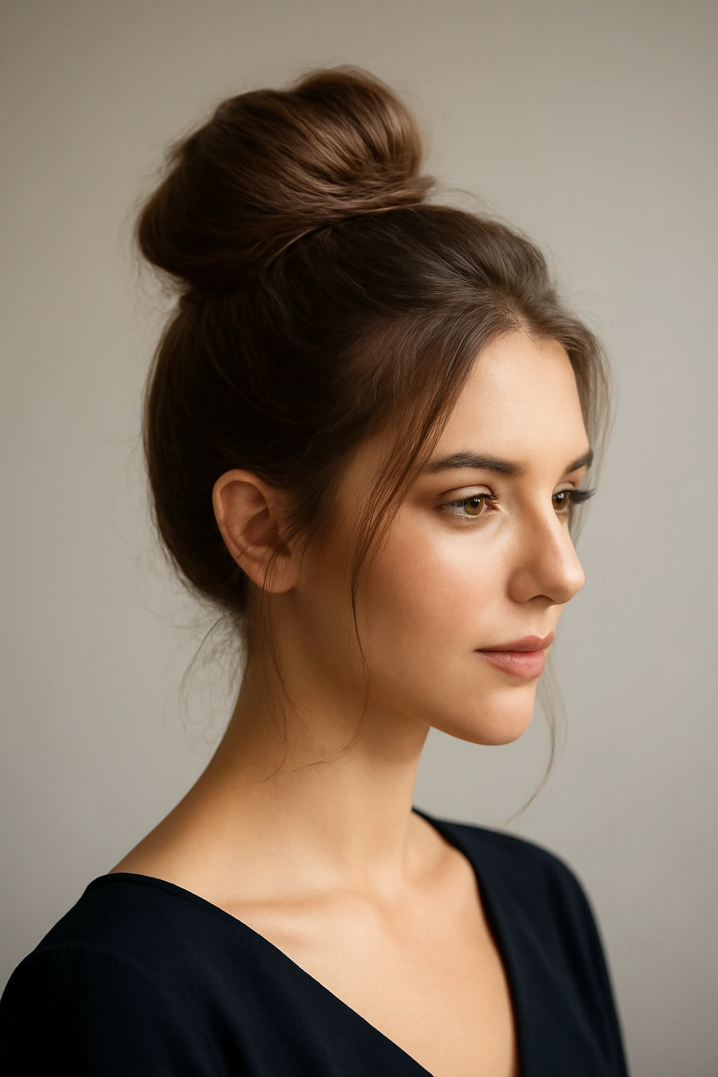 High bun at the crown with soft texture and face-framing pieces