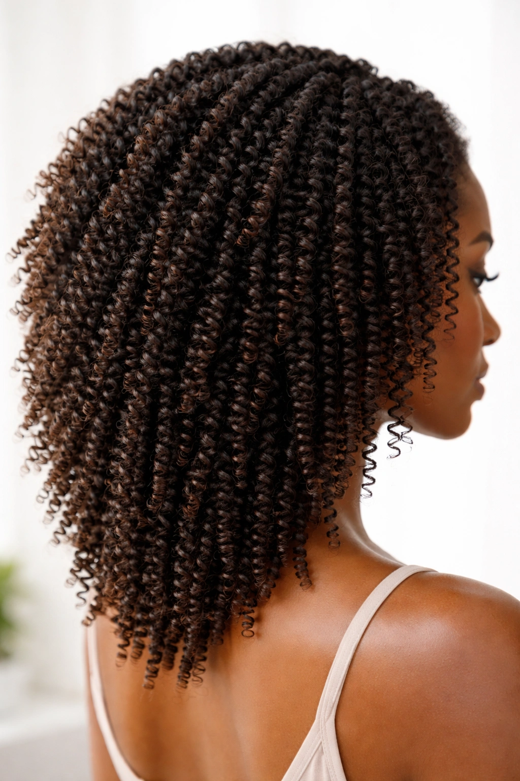 Close-up of tightly coiled hair with elongated coil cut defining each curl