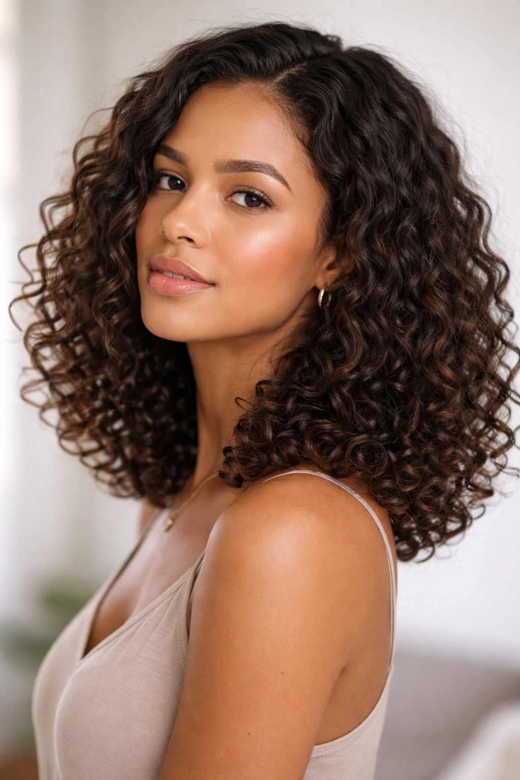 Shoulder-length elongated curly bob with minimal layers showing length.