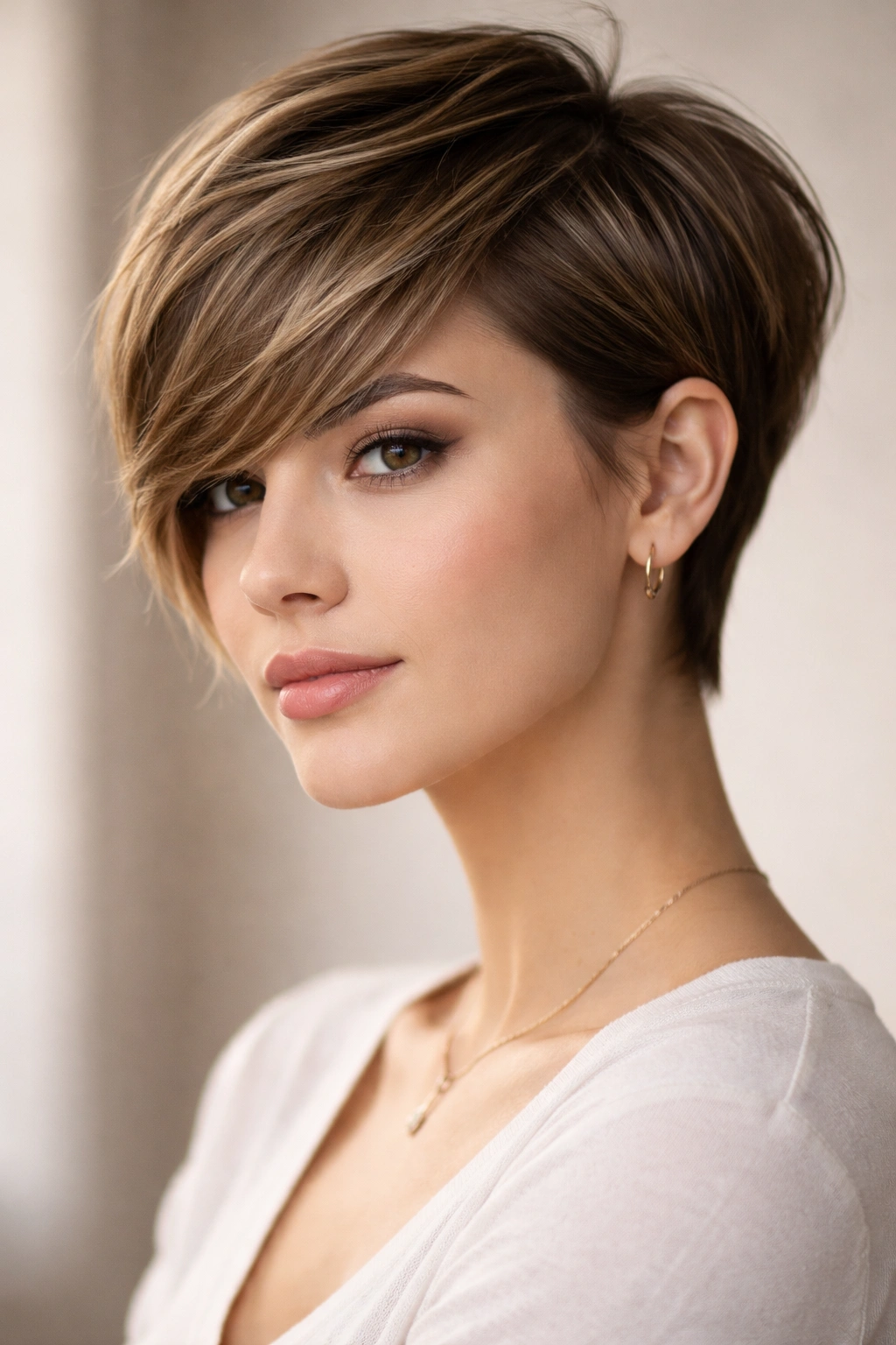 Elongated pixie with side-swept bangs framing the face