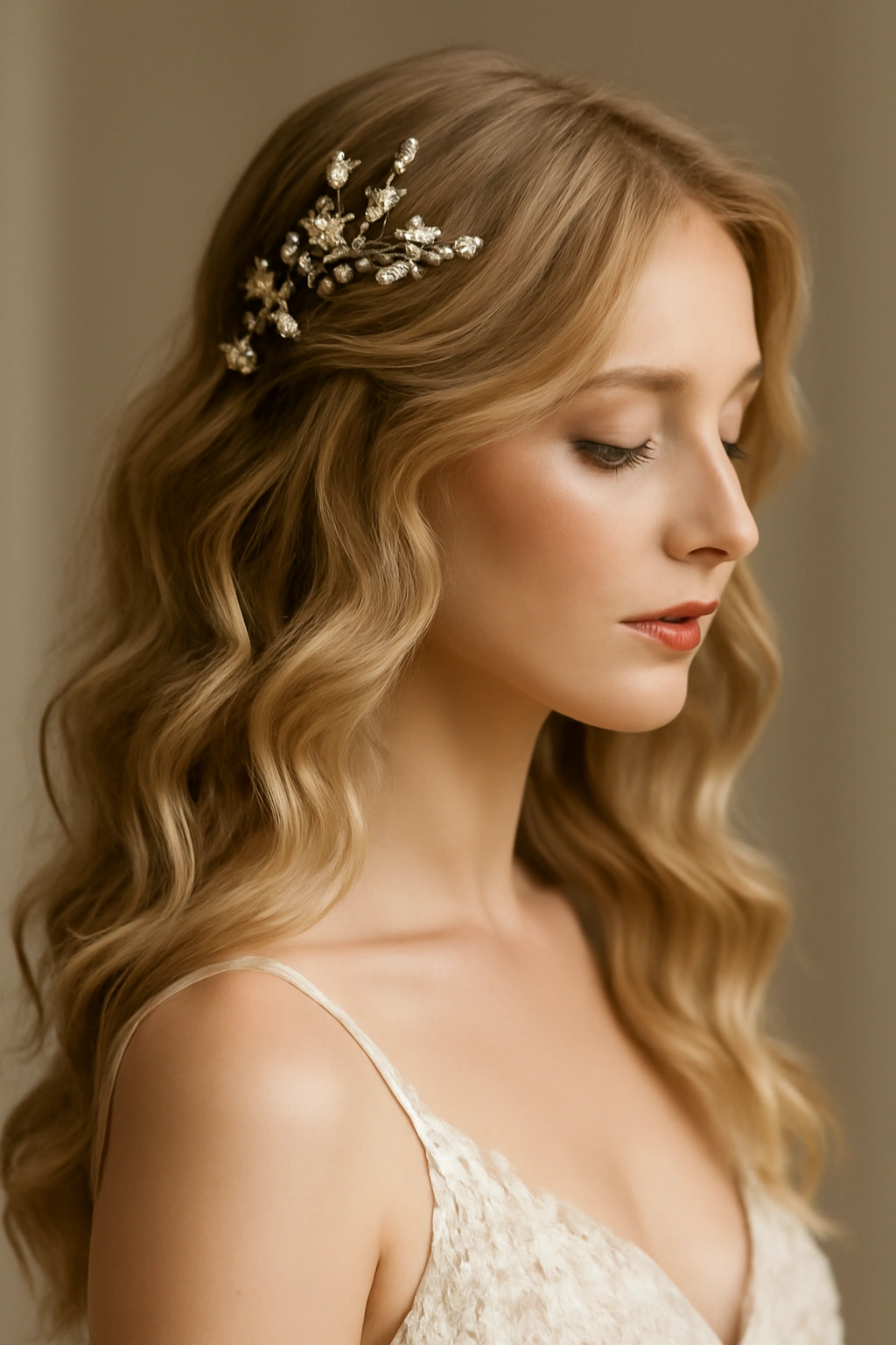 Ethereal, soft waves with integrated accessories for a fairy-tale bridal look