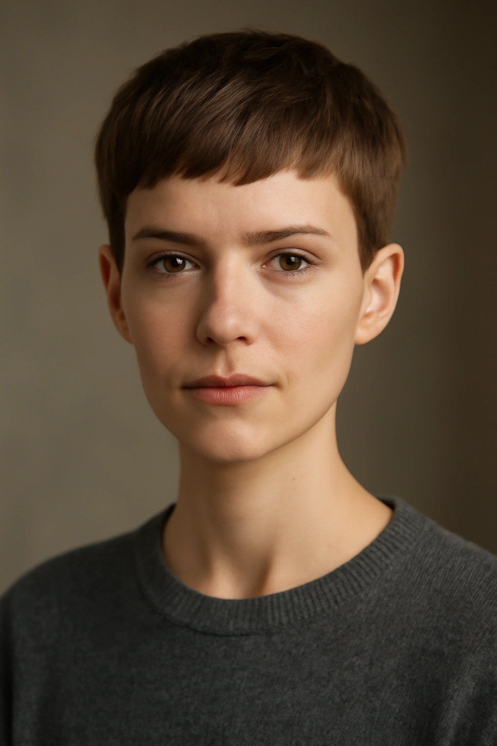 Portrait of a person with an ultra-short Eton crop pixie
