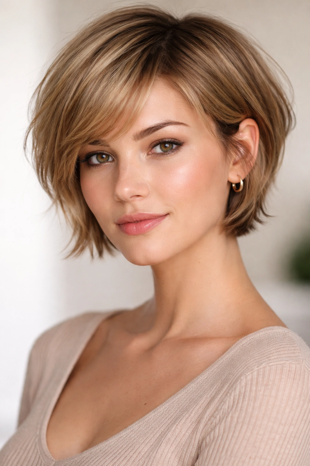 Model with extended pixie bob showing longer sides and jaw-length back