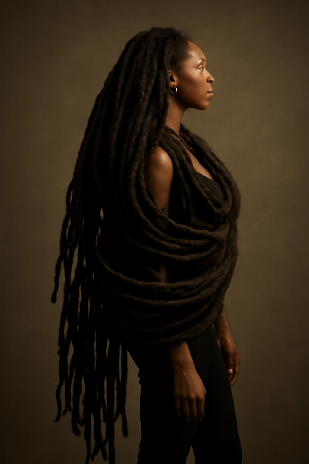 Person with extra-long tribal locs flowing past the shoulders in sculptural form